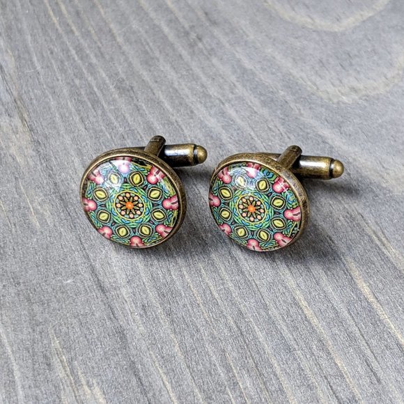 Glass Dome Cuff Links with Green Kaleidoscope Pattern, Antiqued-Bronze Plated - Picture 4 of 16